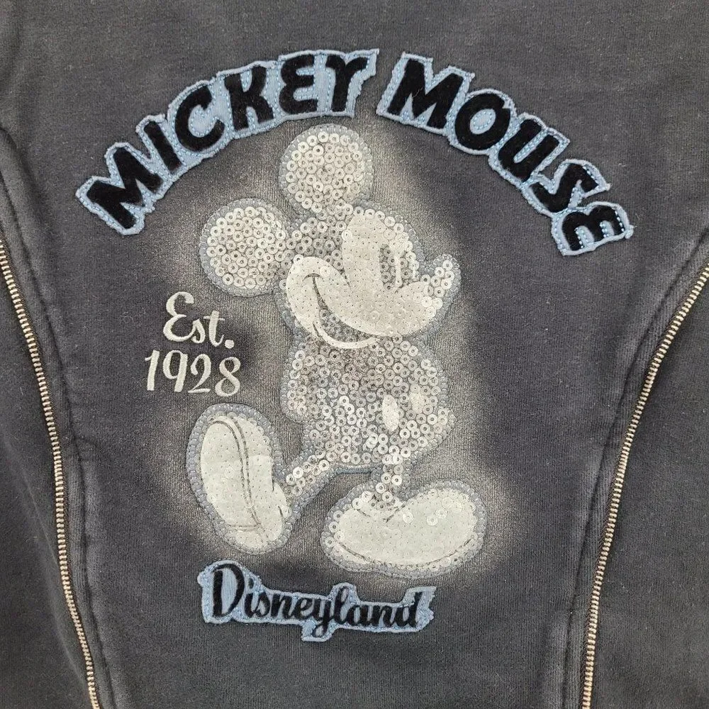 Disney Parks Disneyland Moto Jacket Sweatshirt M Black Sequined Mickey‎ 3D Zip